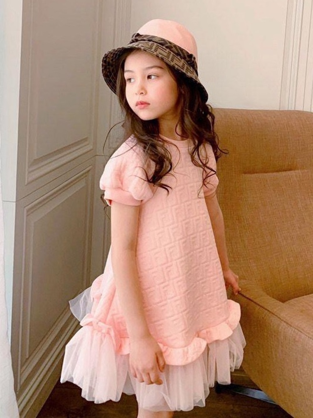 Girls Pink Textured Tulle Hem Dress 6-7T
